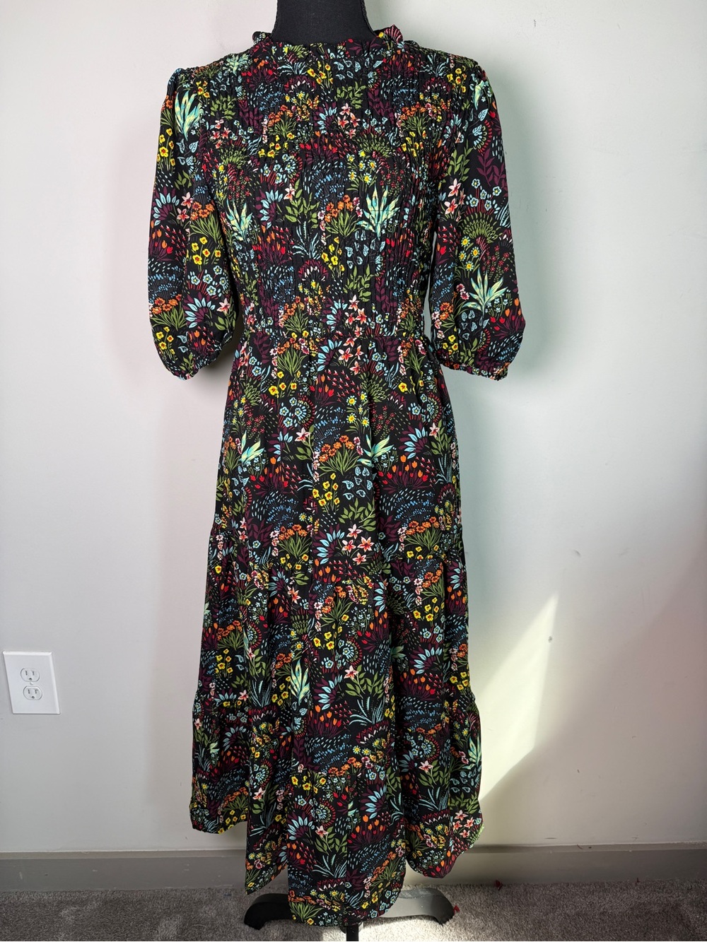 Baltic Born Lena Tiered Midi Dress Black Multi Floral Boho Smocked Sz S
